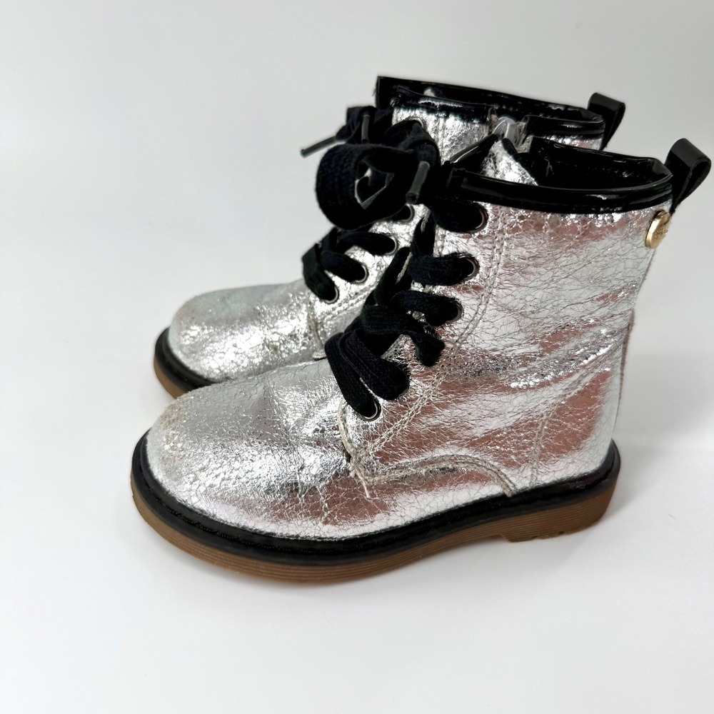 Nicole Miller Silver Metallic Combat Boots Kids Size 8 Good Condition Zipper